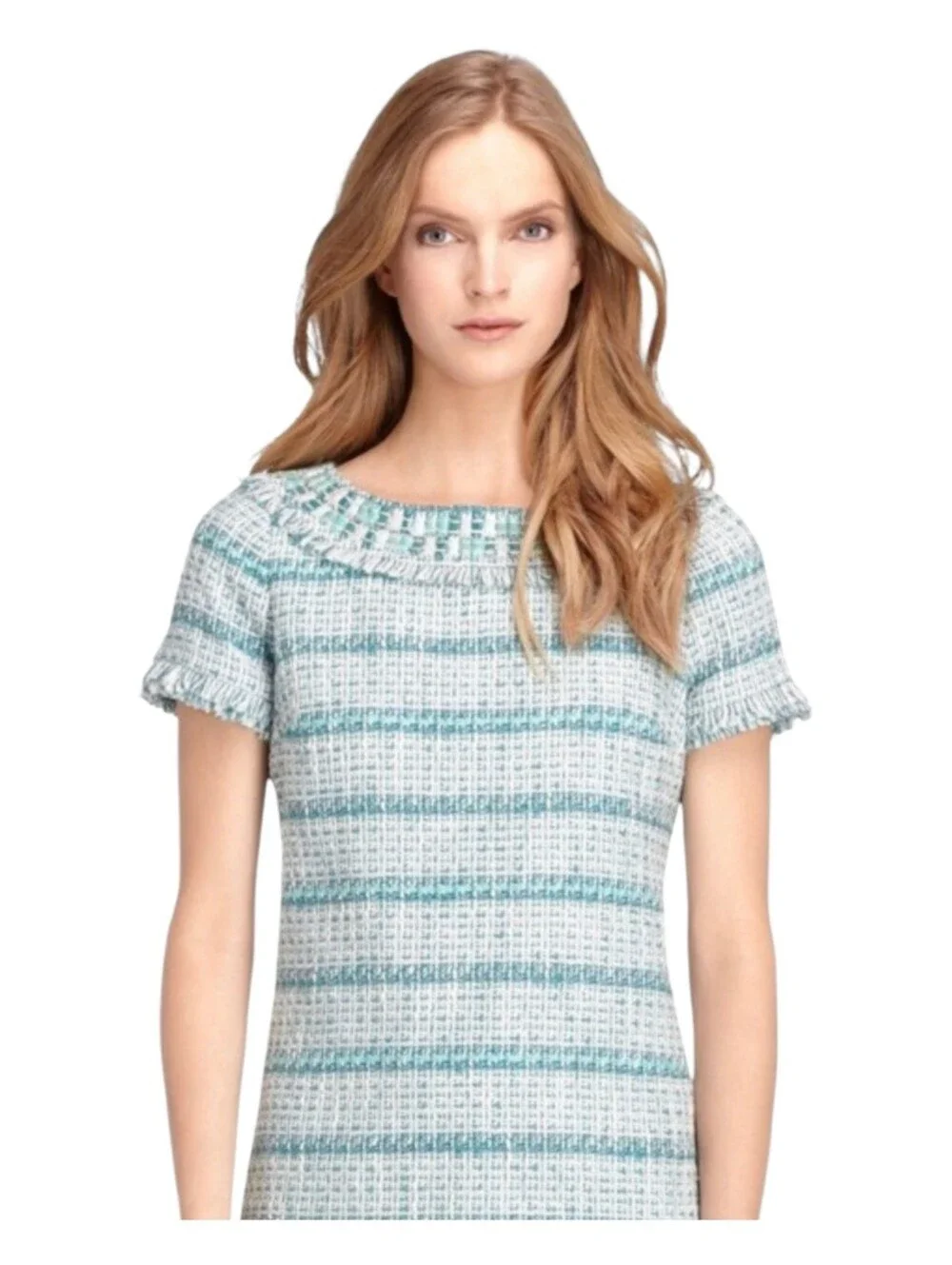 Tory Burch Joan Ribbon Tweed Blouse Size 2 Beaded Collar Striped Teal Fringe